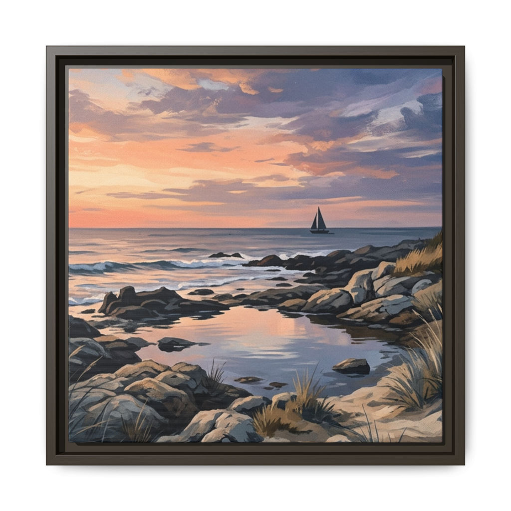 Framed Seaside Sunset Matte Canvas Print – Sailboat Coastal Wall Art
