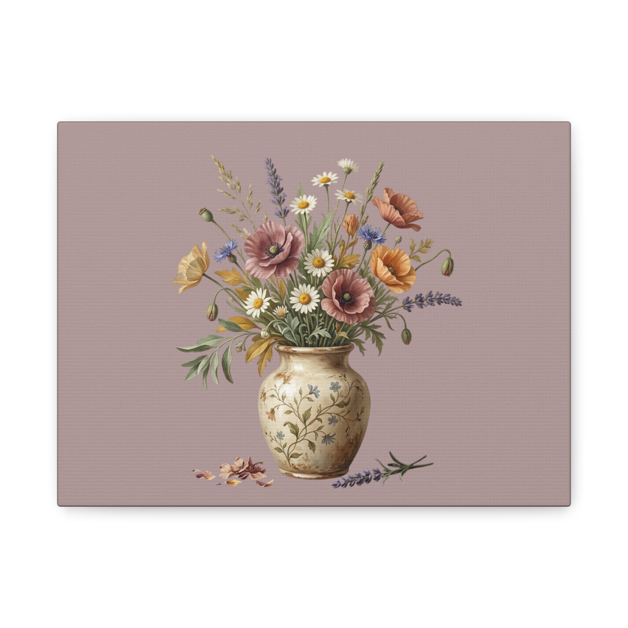 Botanical Vase Floral Canvas Print — Vintage Wildflower Wall Art