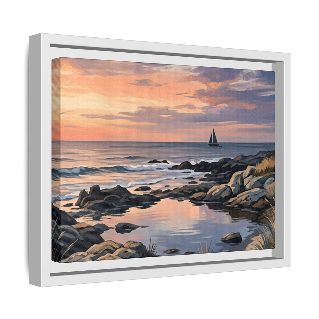 Framed Seaside Sunset Matte Canvas Print – Sailboat Coastal Wall Art