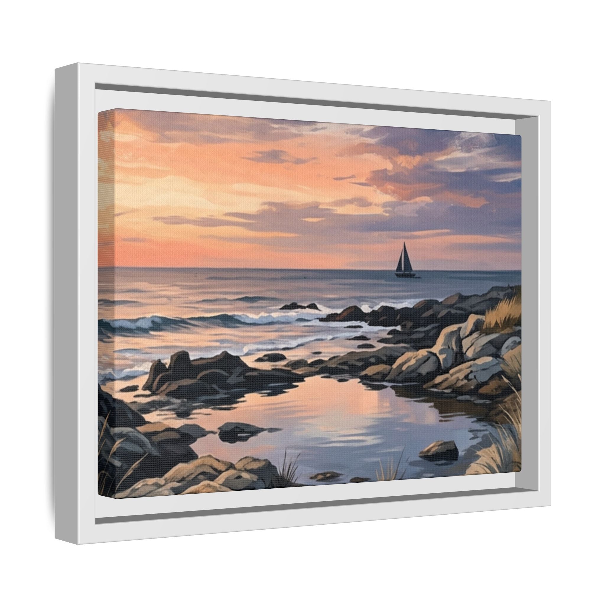 Framed Seaside Sunset Matte Canvas Print – Sailboat Coastal Wall Art