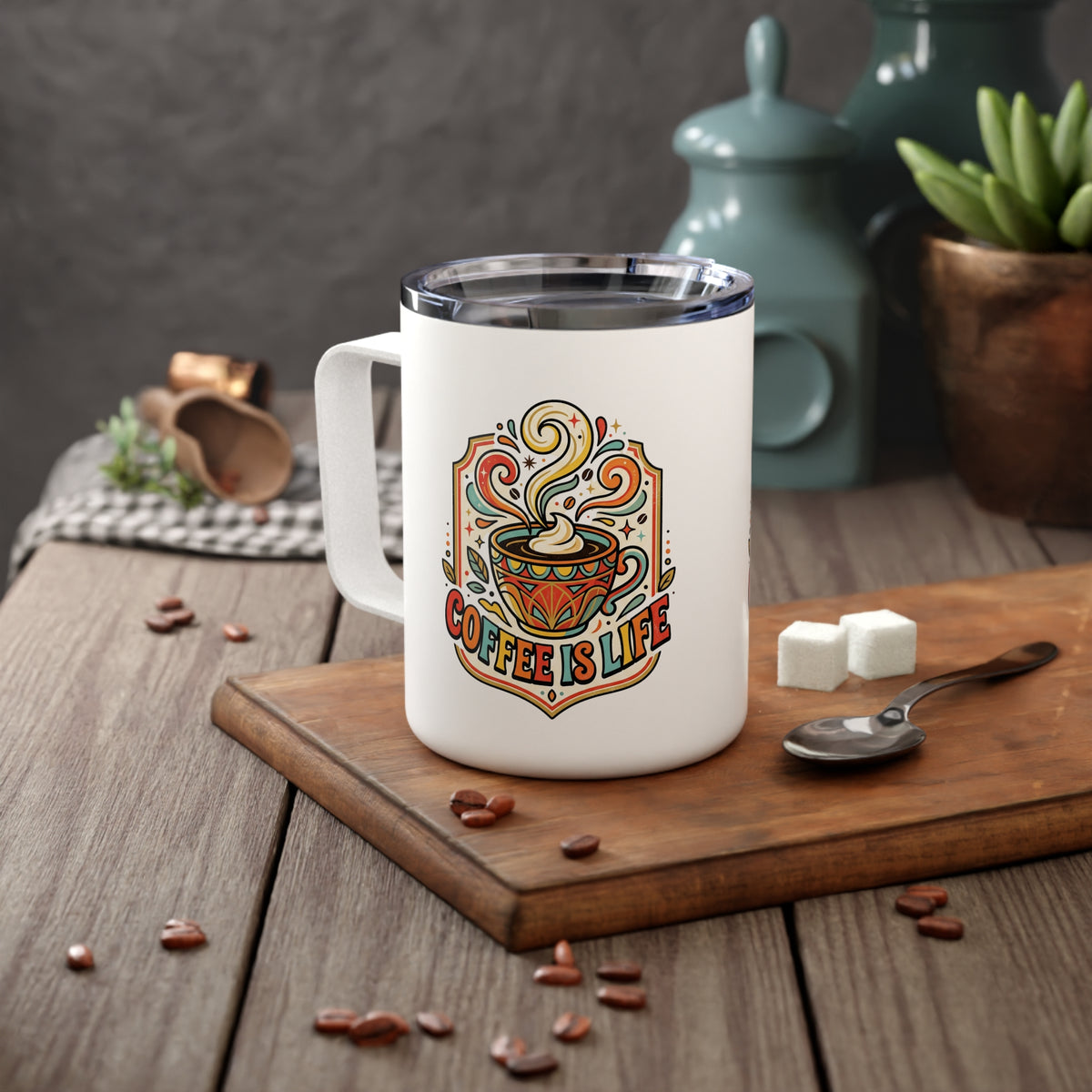10oz Insulated Coffee Mug — Colorful "Coffee Is Life" Art Travel Tumbler