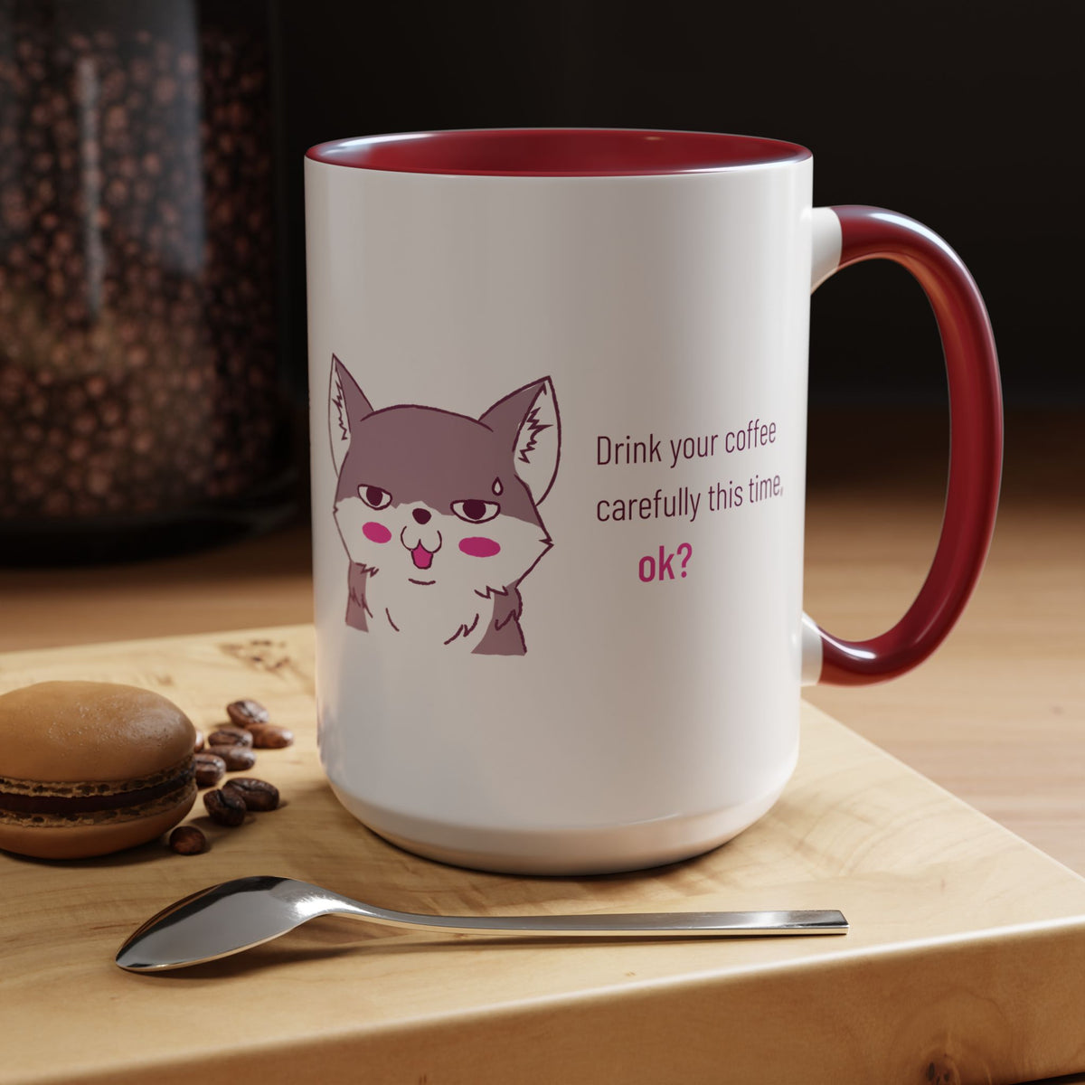 Accent Coffee Mug — Cute Shy Fox Design "Drink your coffee carefully this time, ok?"