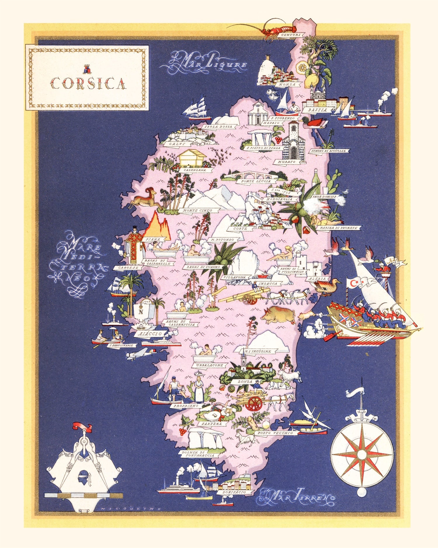 Vintage Map of Corsica France, 1938