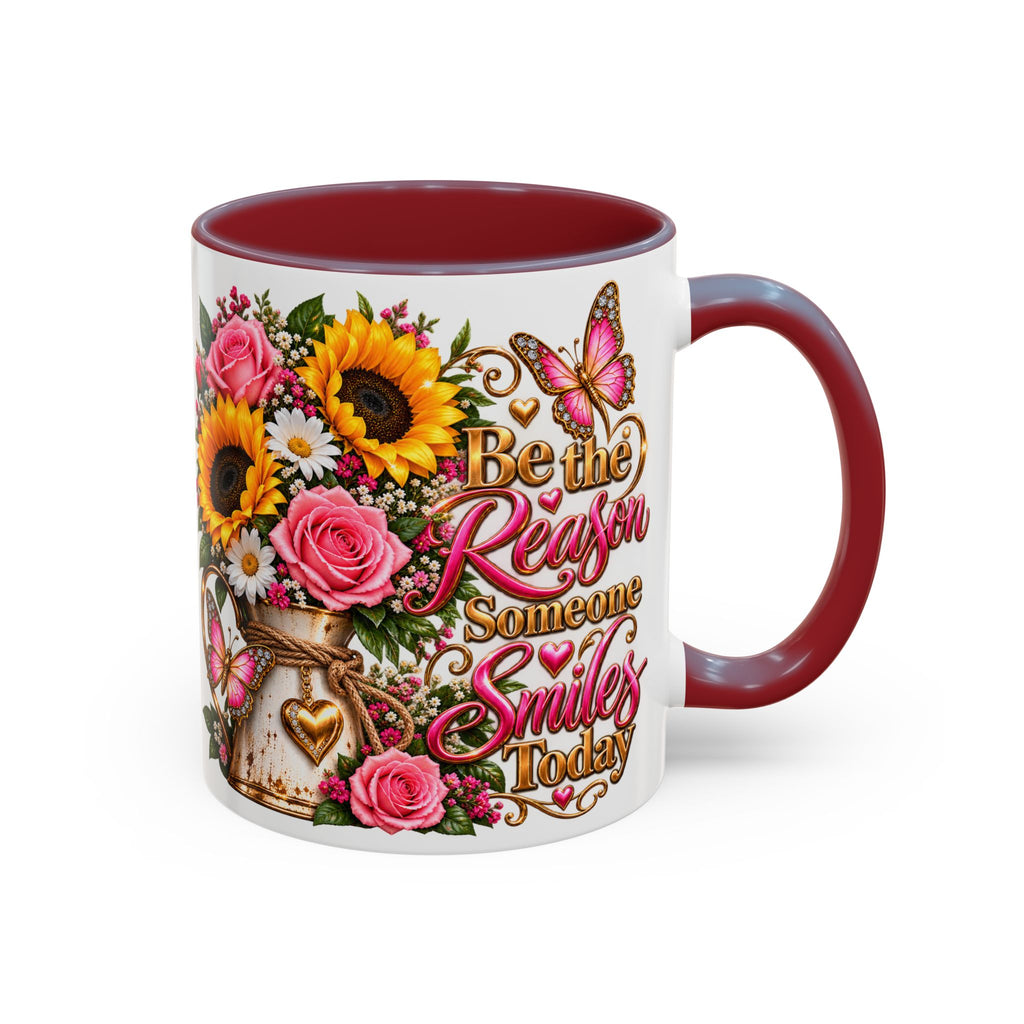 Be the Reason Someone Smiles Today Accent Coffee Mug – Floral Sunflower & Rose Inspirational 11/15oz