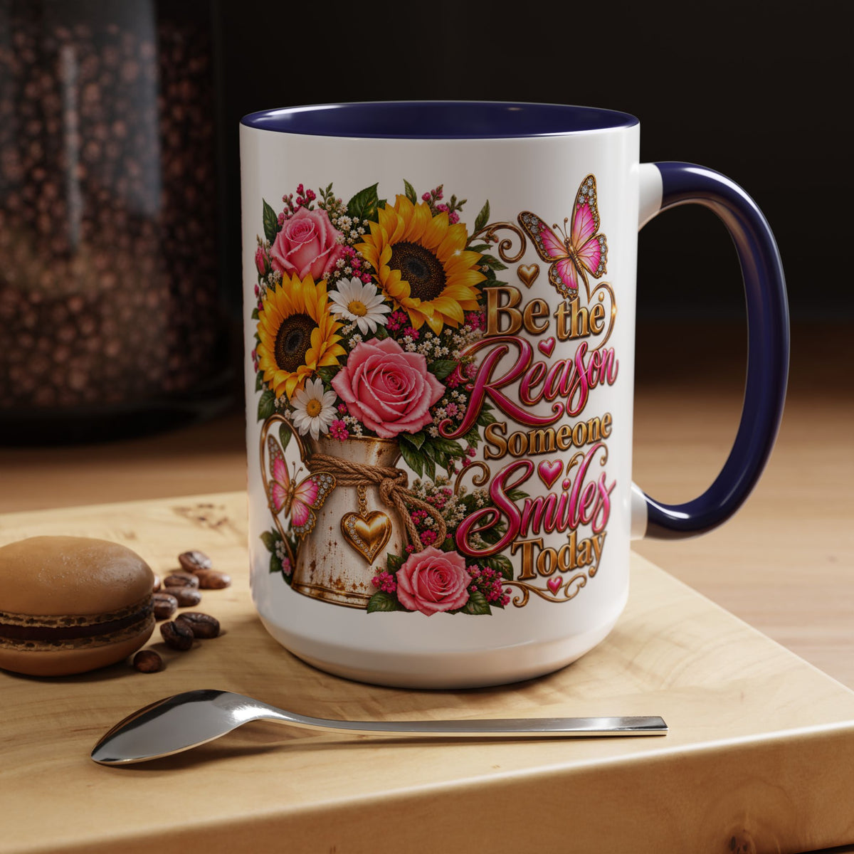 Be the Reason Someone Smiles Today Accent Coffee Mug – Floral Sunflower & Rose Inspirational 11/15oz