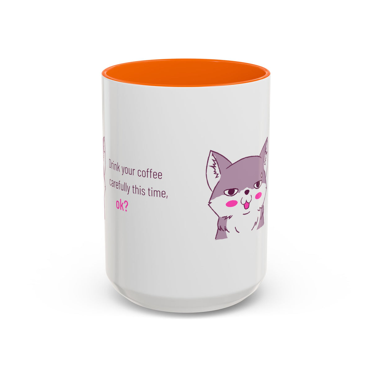 Accent Coffee Mug — Cute Shy Fox Design "Drink your coffee carefully this time, ok?"