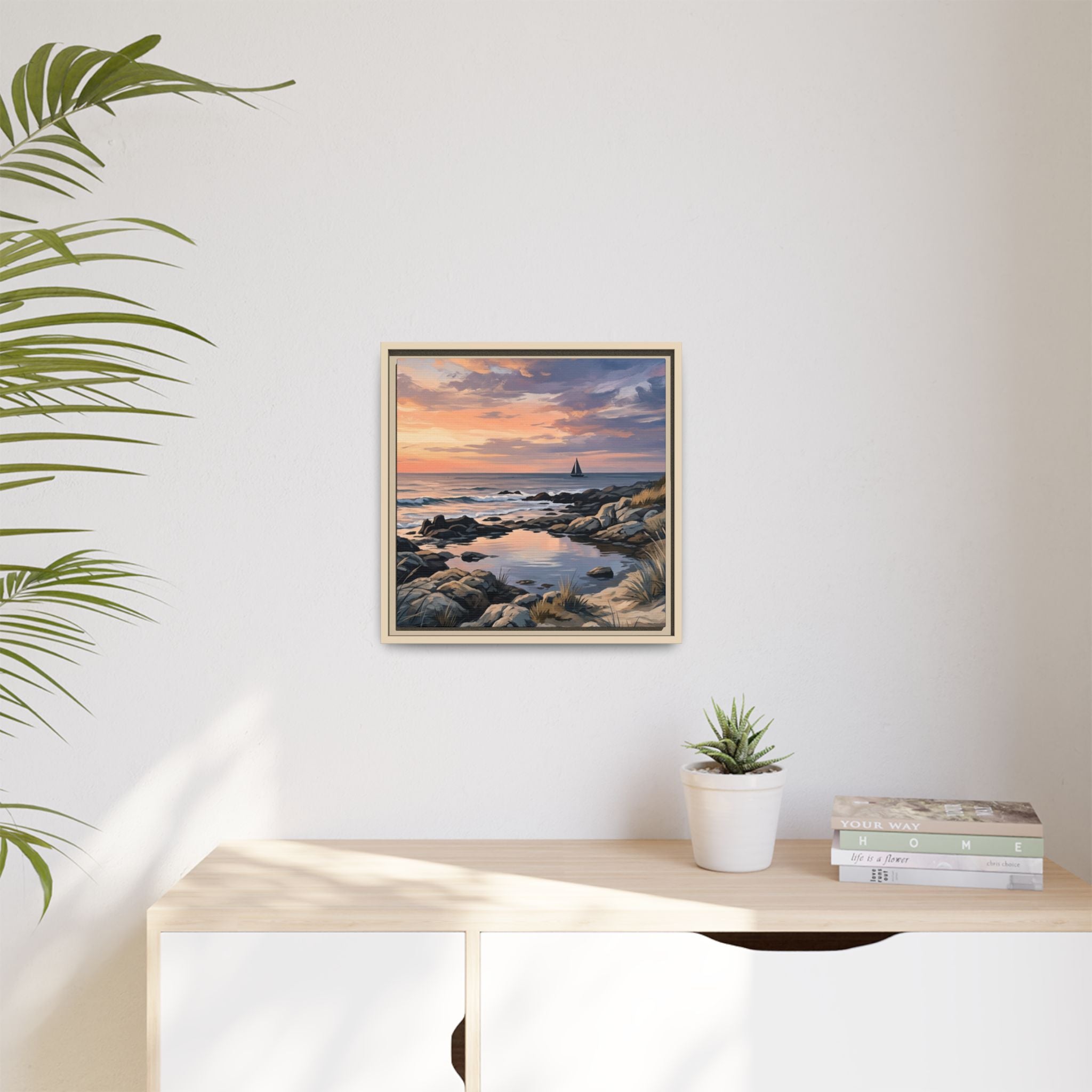 Framed Seaside Sunset Matte Canvas Print – Sailboat Coastal Wall Art