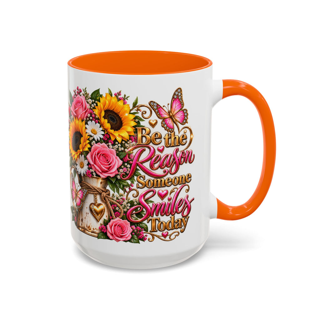 Be the Reason Someone Smiles Today Accent Coffee Mug – Floral Sunflower & Rose Inspirational 11/15oz