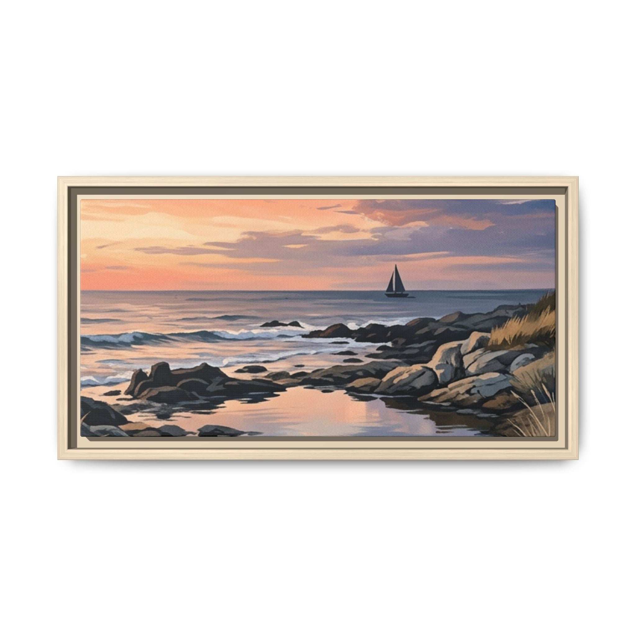 Framed Seaside Sunset Matte Canvas Print – Sailboat Coastal Wall Art
