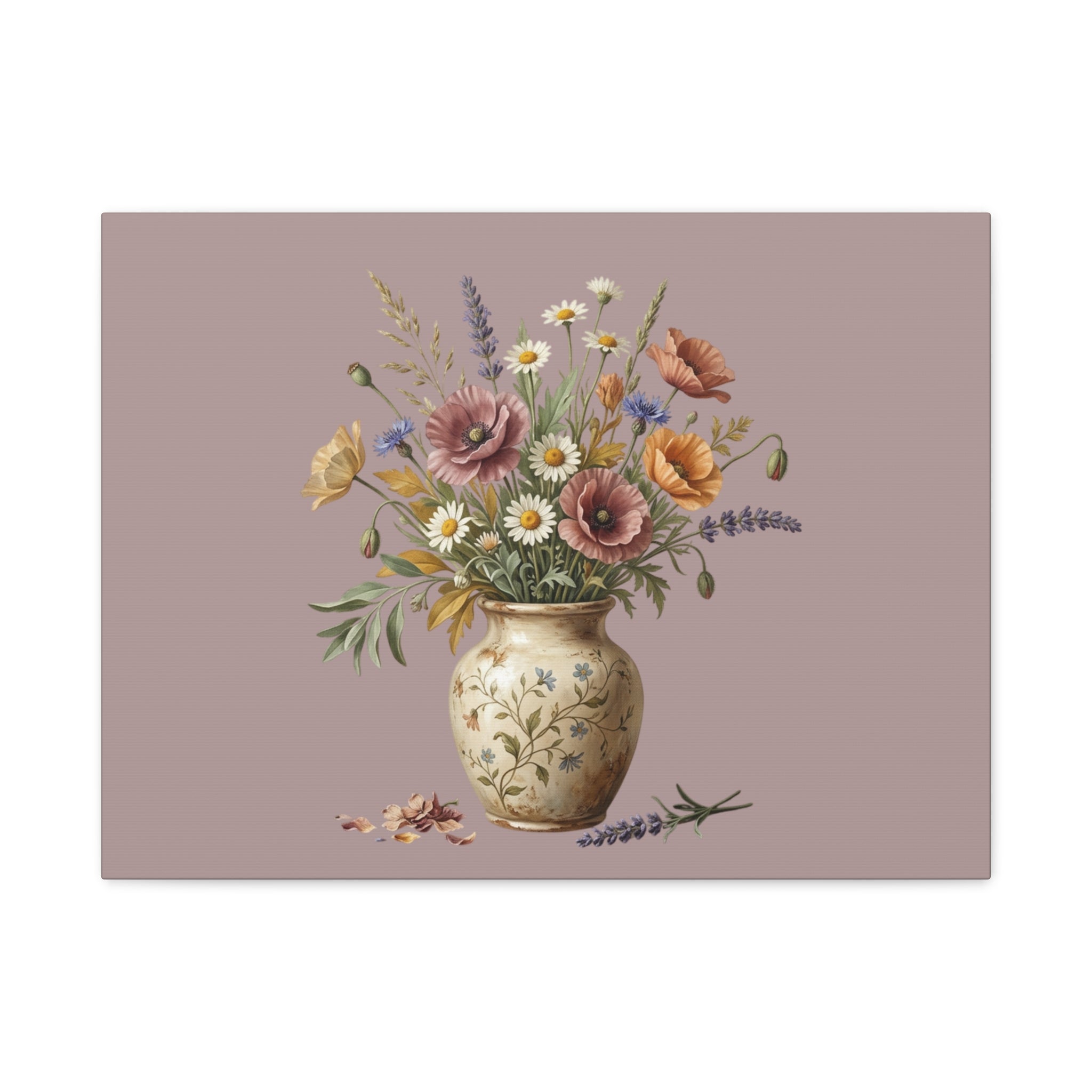 Botanical Vase Floral Canvas Print — Vintage Wildflower Wall Art