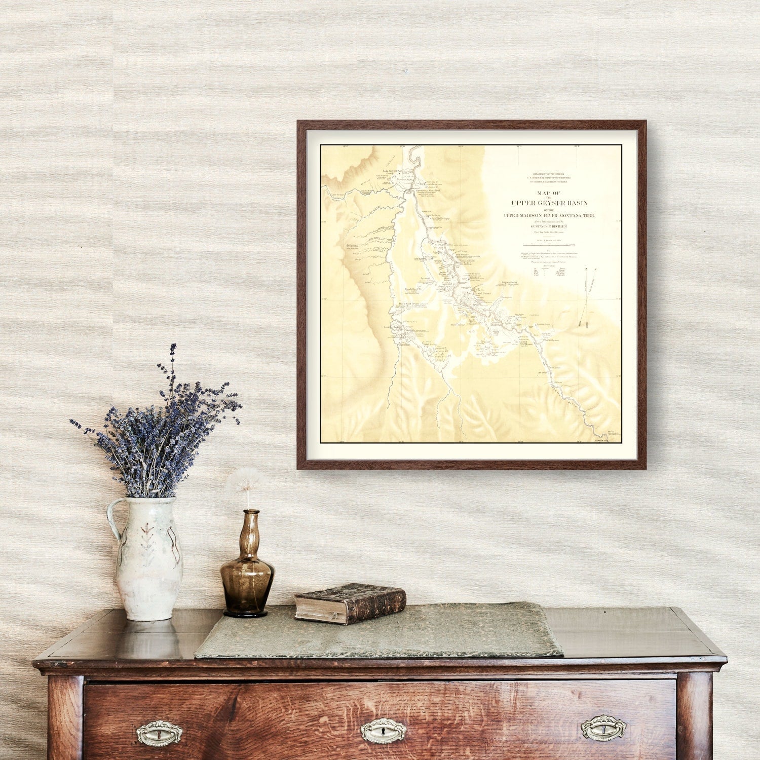 Vintage Map of Upper Geyser Basin on Upper Madison River 1872
