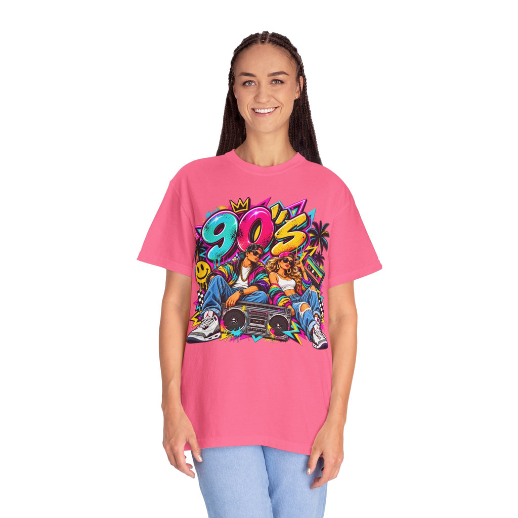 90s Retro Streetwear T-Shirt — Vintage Boombox & Neon Graffiti Design