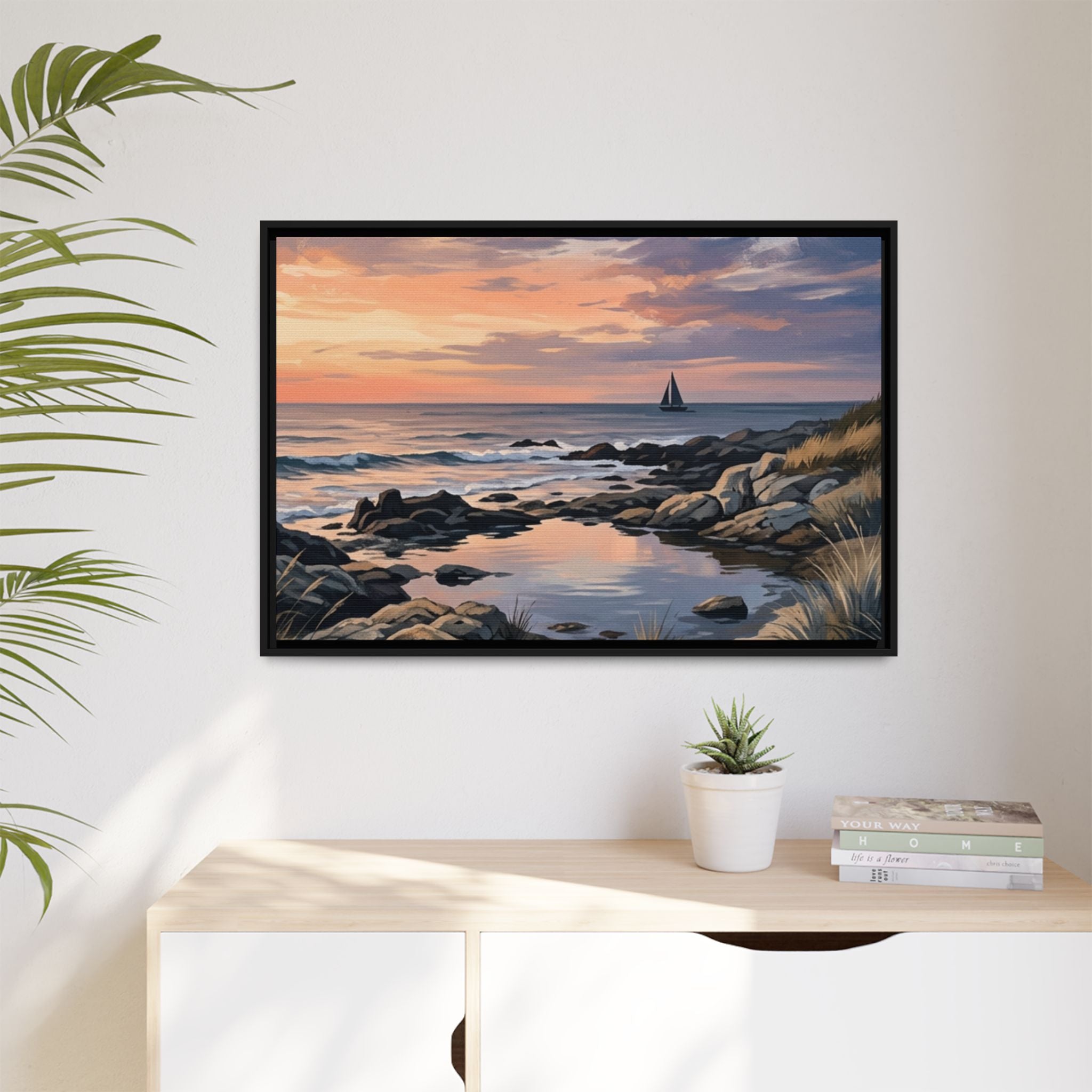 Framed Seaside Sunset Matte Canvas Print – Sailboat Coastal Wall Art