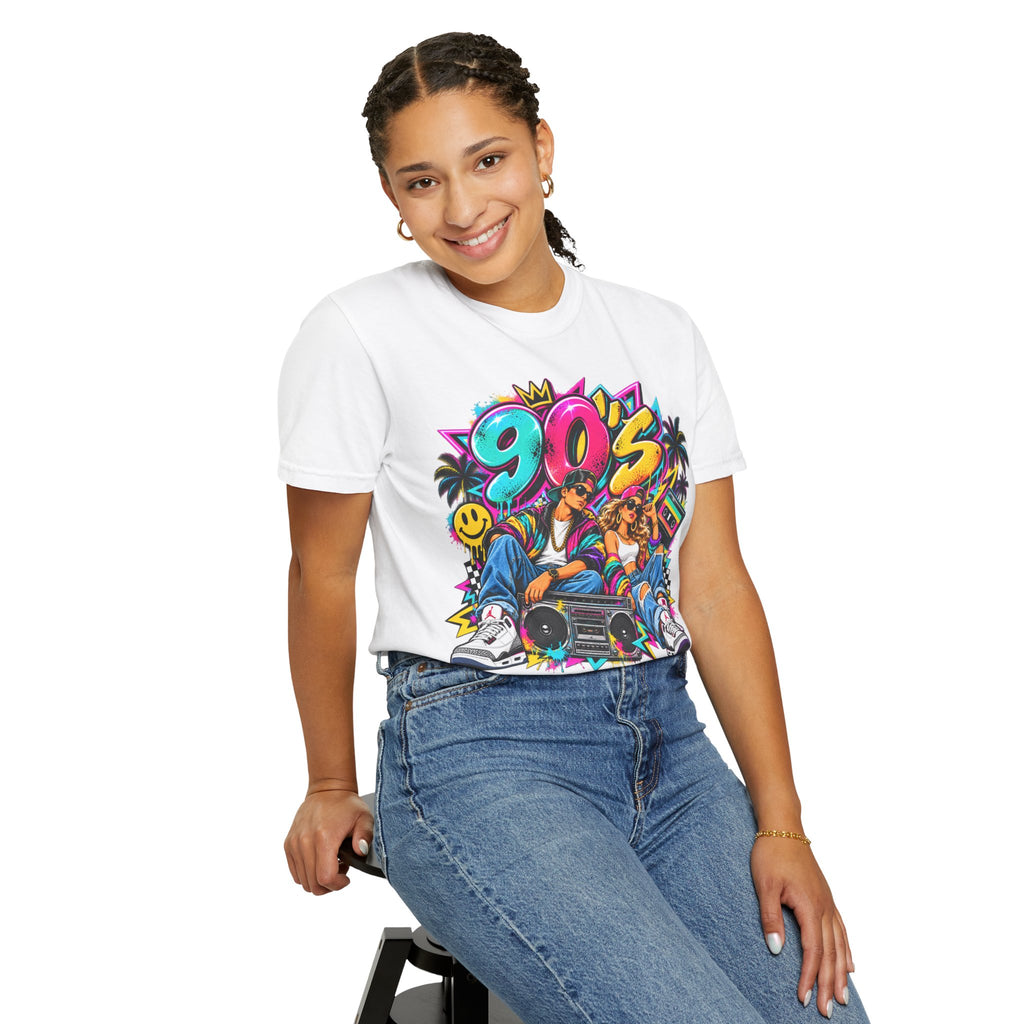 90s Retro Streetwear T-Shirt — Vintage Boombox & Neon Graffiti Design