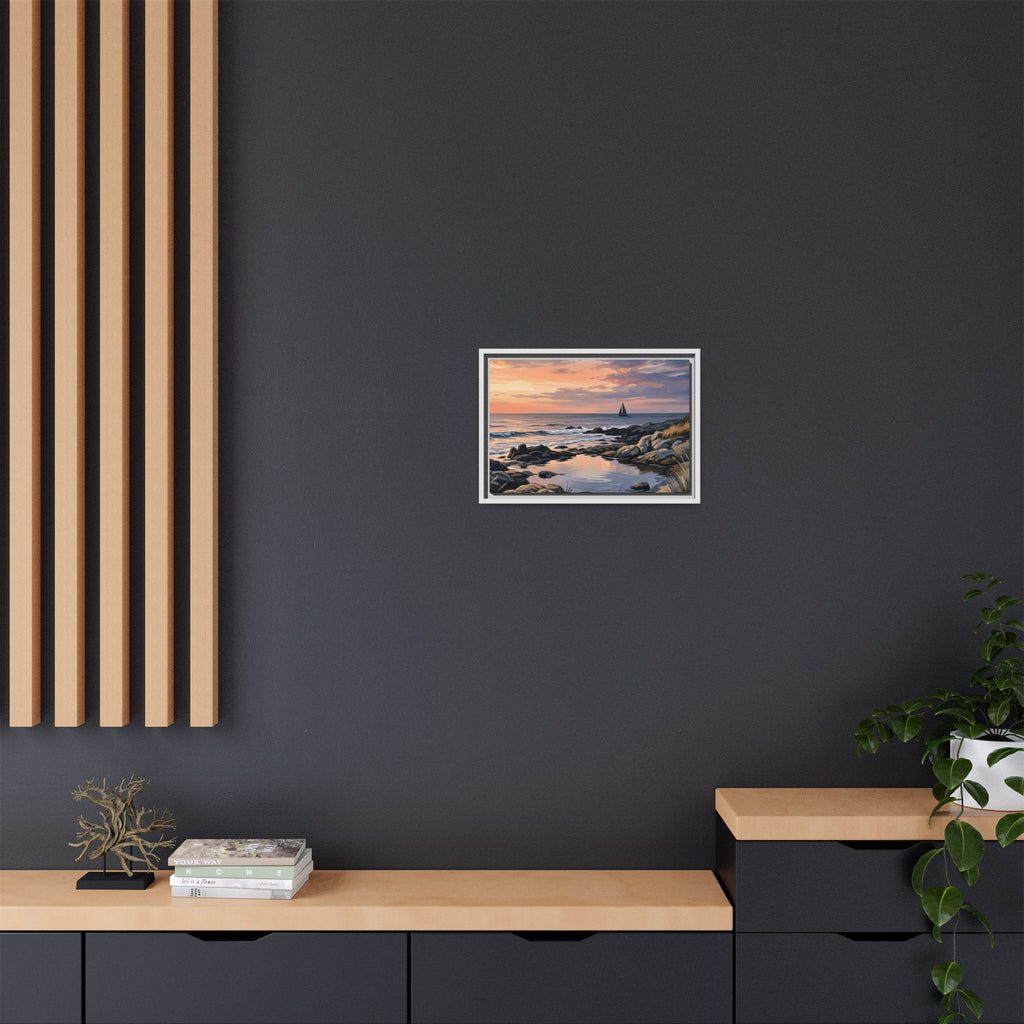 Framed Seaside Sunset Matte Canvas Print – Sailboat Coastal Wall Art