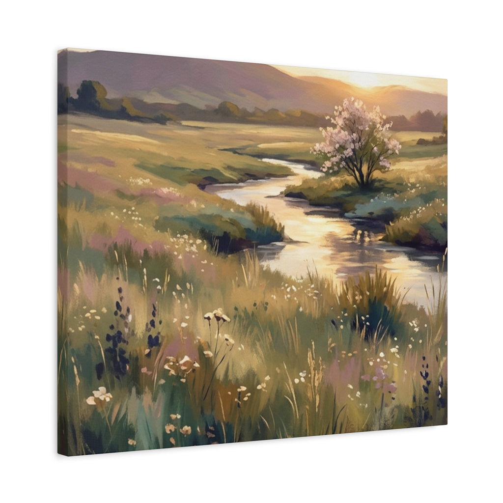 Serene Meadow Stream Matte Canvas Art — Stretched Wall Decor