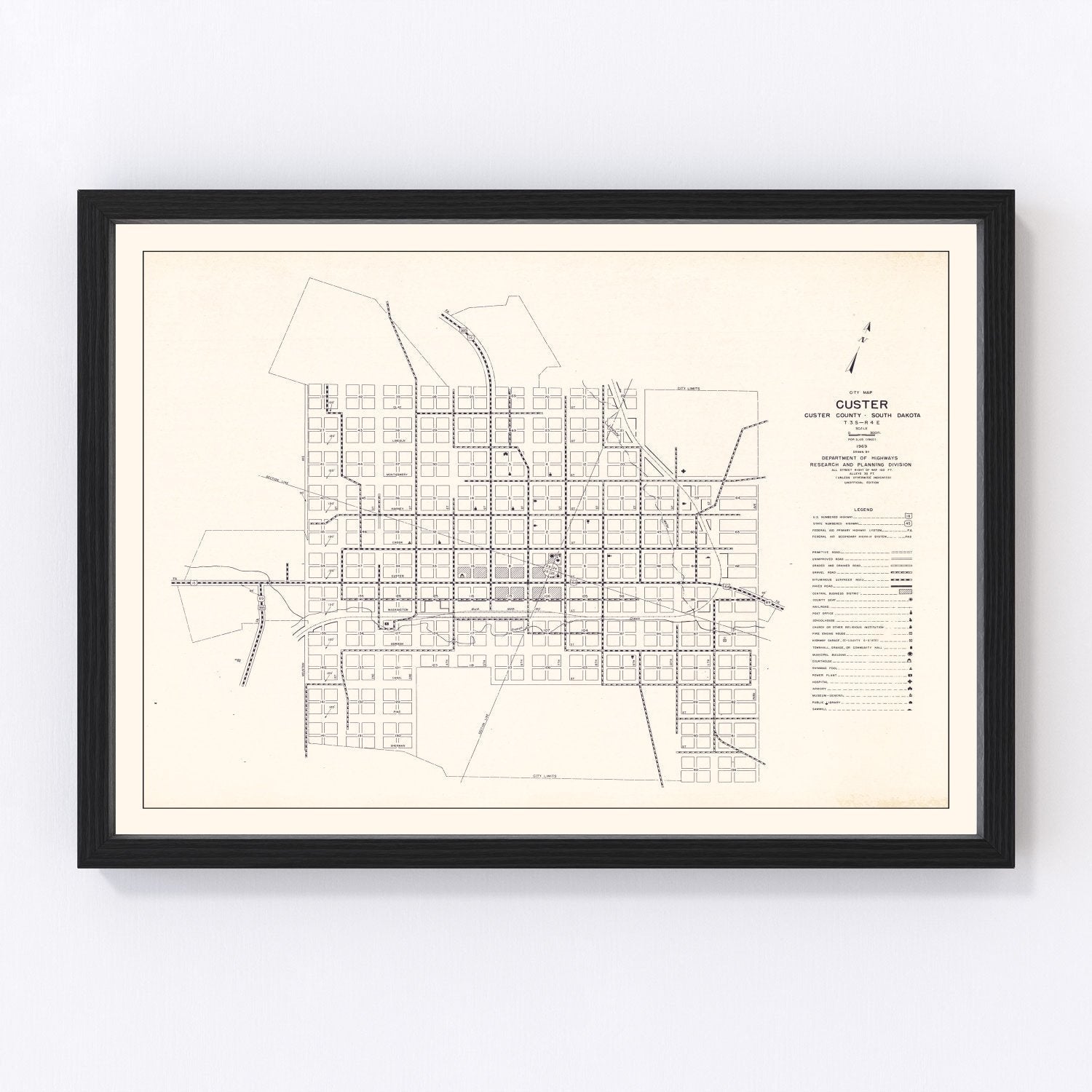 Vintage Map of Custer, South Dakota 1969