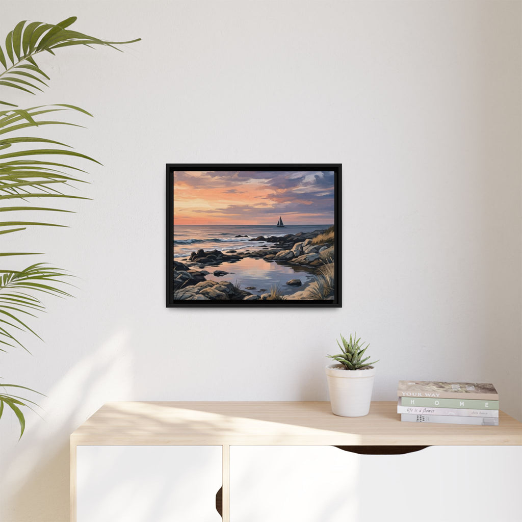 Framed Seaside Sunset Matte Canvas Print – Sailboat Coastal Wall Art