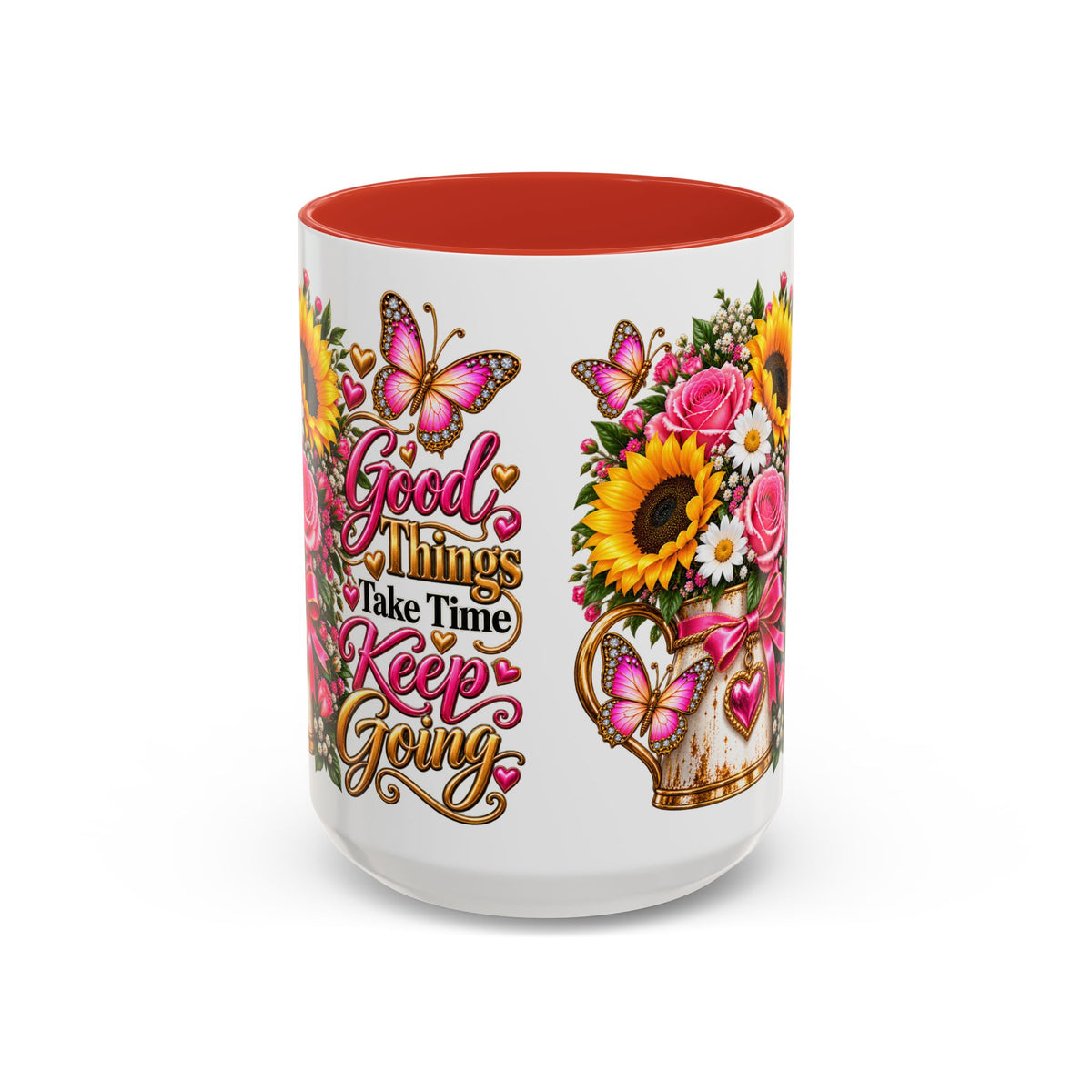 Inspiring Floral Coffee Mug — "Good Things Take Time, Keep Going"
