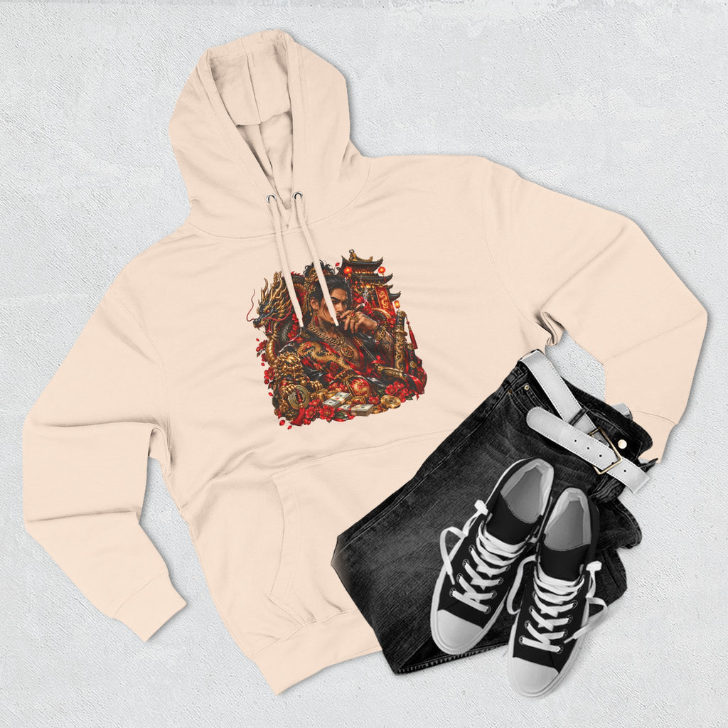 Dragon Battle Hoodie — Three-Panel Fleece Hooded Sweatshirt with Fiery Fantasy Artwork