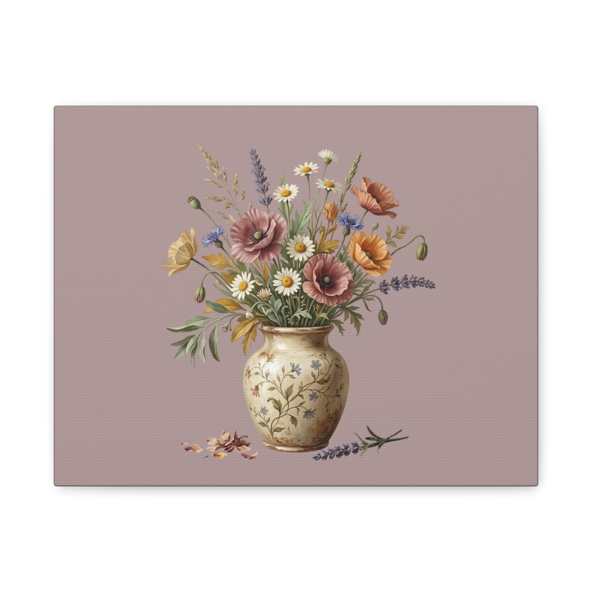 Botanical Vase Floral Canvas Print — Vintage Wildflower Wall Art