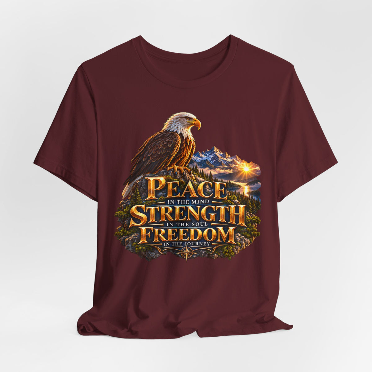 Eagle Mountain Sunrise T‑Shirt — "Peace Strength Freedom" Patriotic Tee