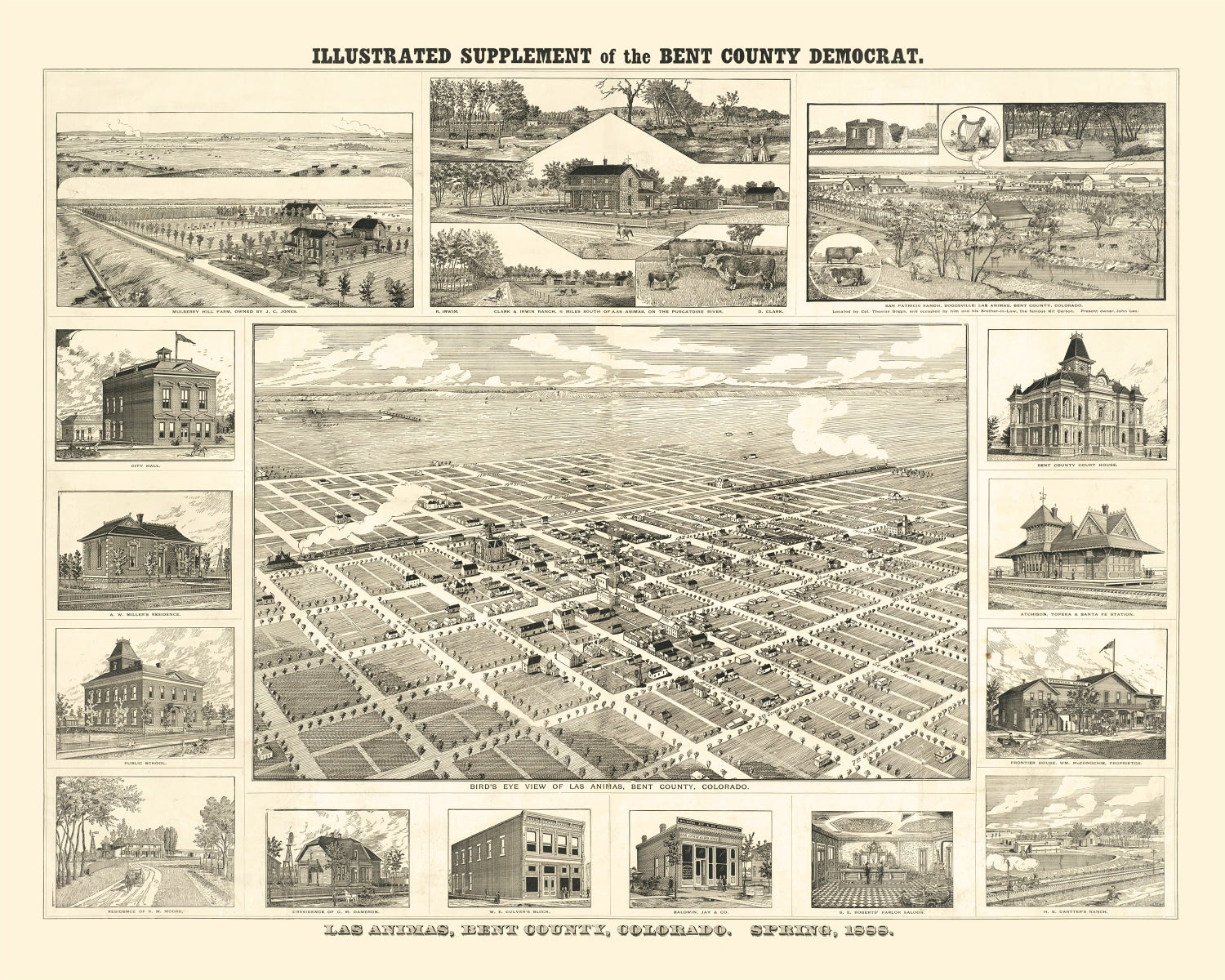 Vintage Map of Las Animas, Colorado 1888