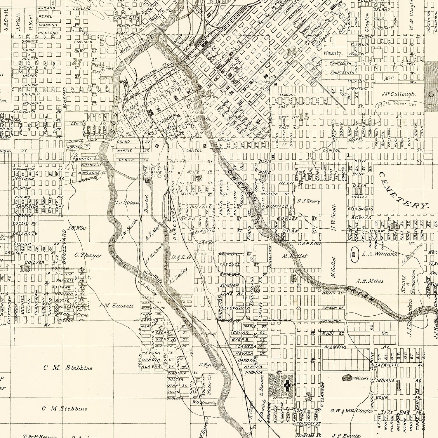 Vintage Map of Denver, Colorado 1882