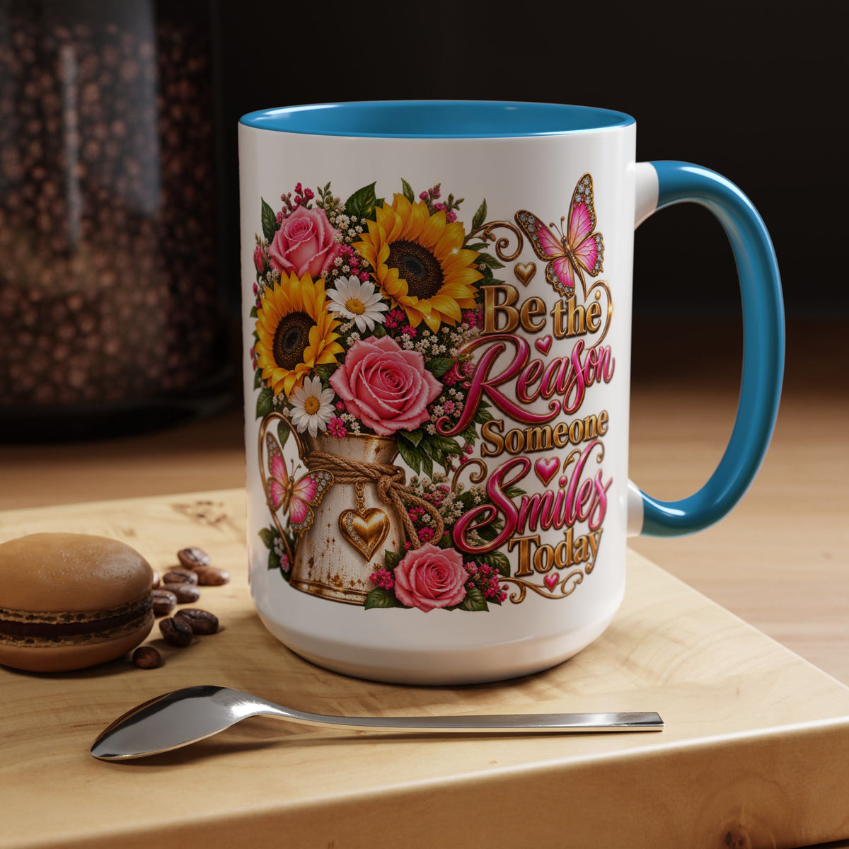 Be the Reason Someone Smiles Today Accent Coffee Mug – Floral Sunflower & Rose Inspirational 11/15oz