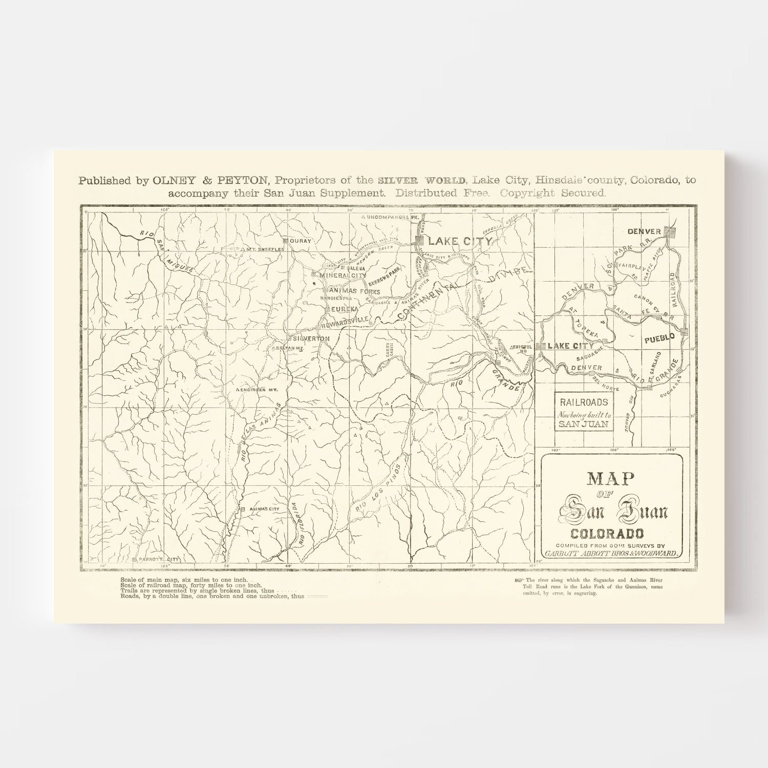 Vintage Map of San Juan, Colorado 1877