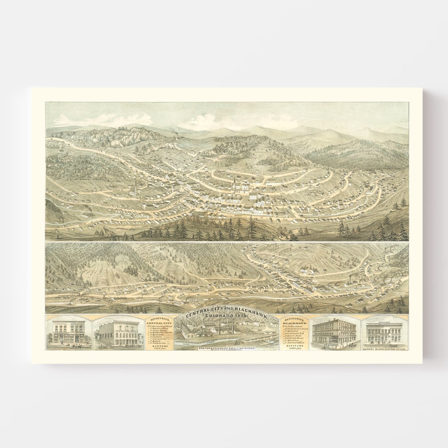 Vintage Map of Central City & Blackhawk, Colorado 1873