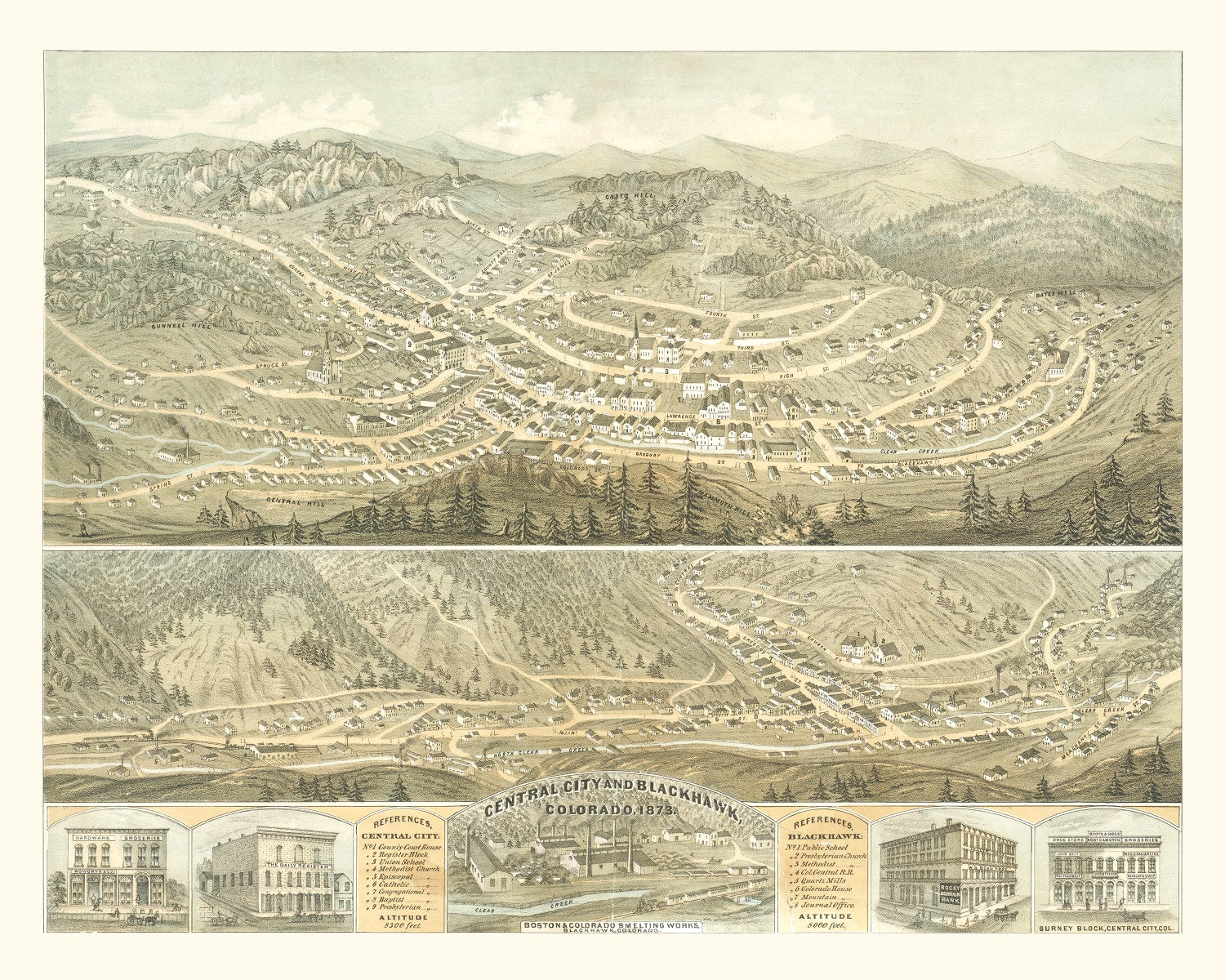 Vintage Map of Central City & Blackhawk, Colorado 1873