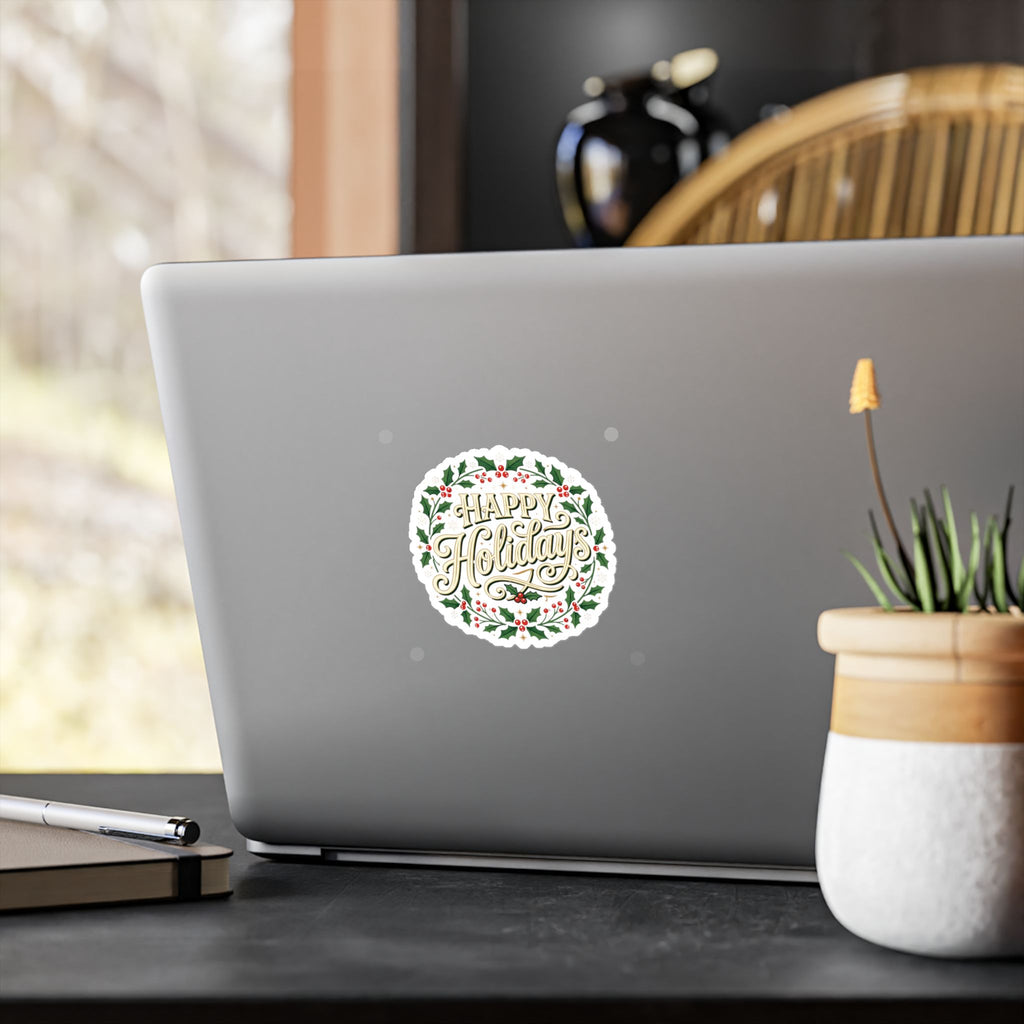 Happy Holidays Holly Wreath Vinyl Decal