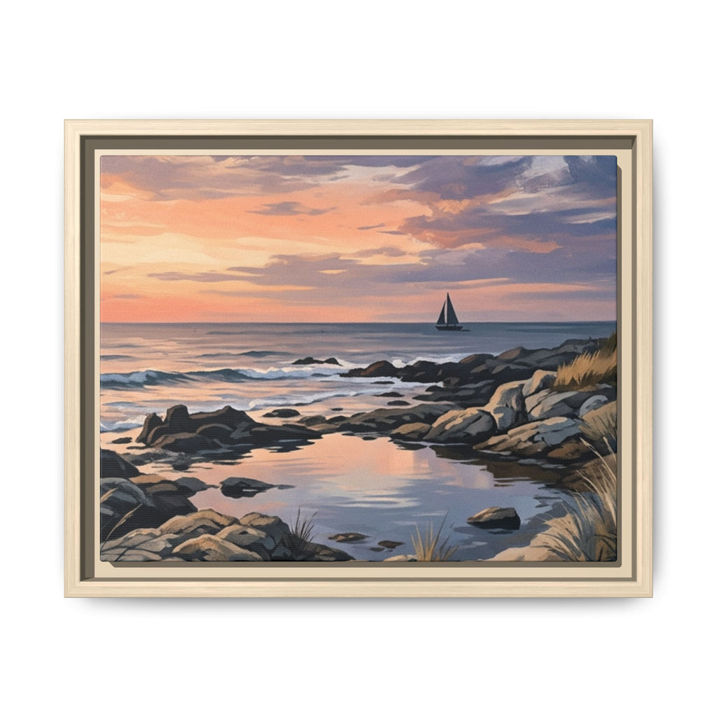 Framed Seaside Sunset Matte Canvas Print – Sailboat Coastal Wall Art