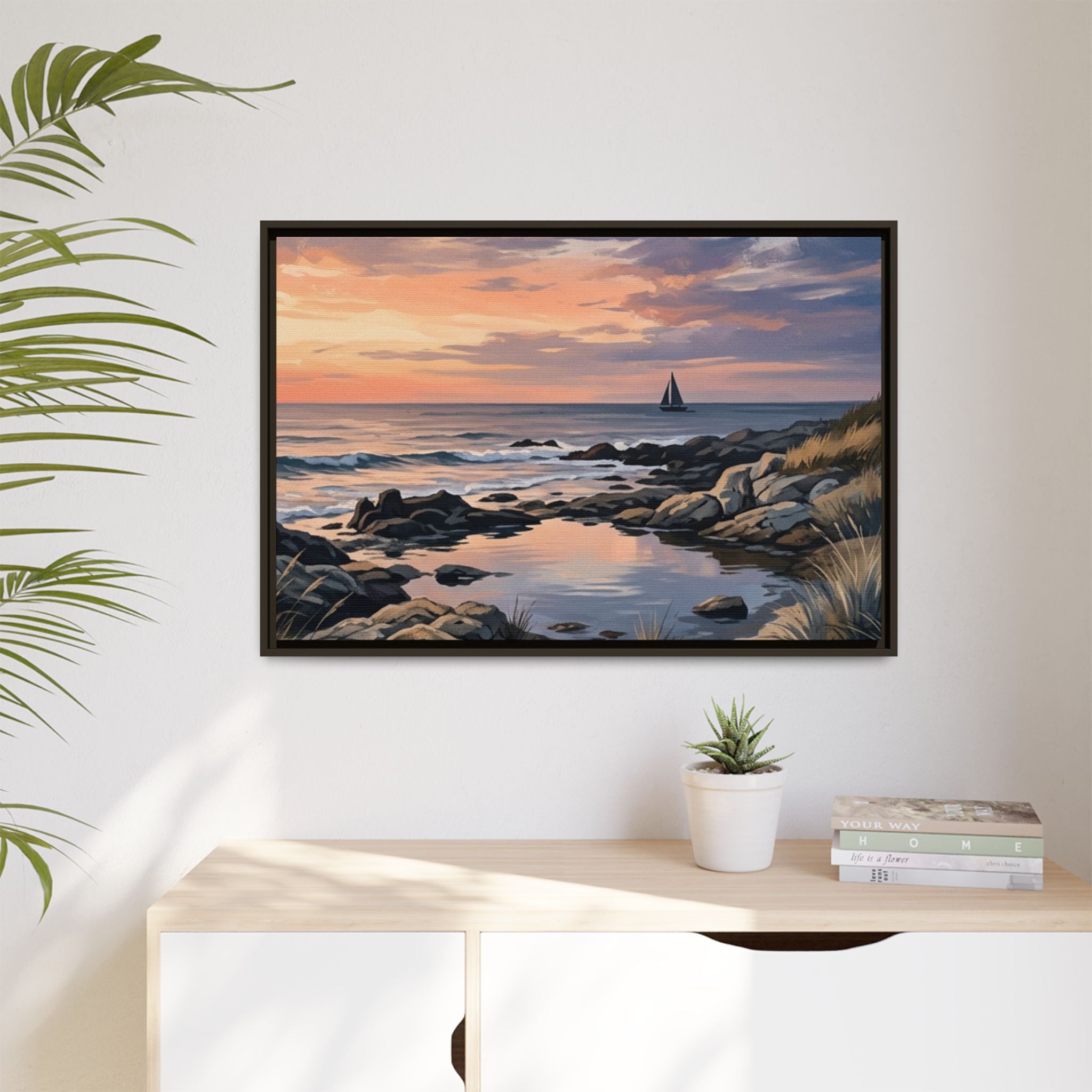 Framed Seaside Sunset Matte Canvas Print – Sailboat Coastal Wall Art