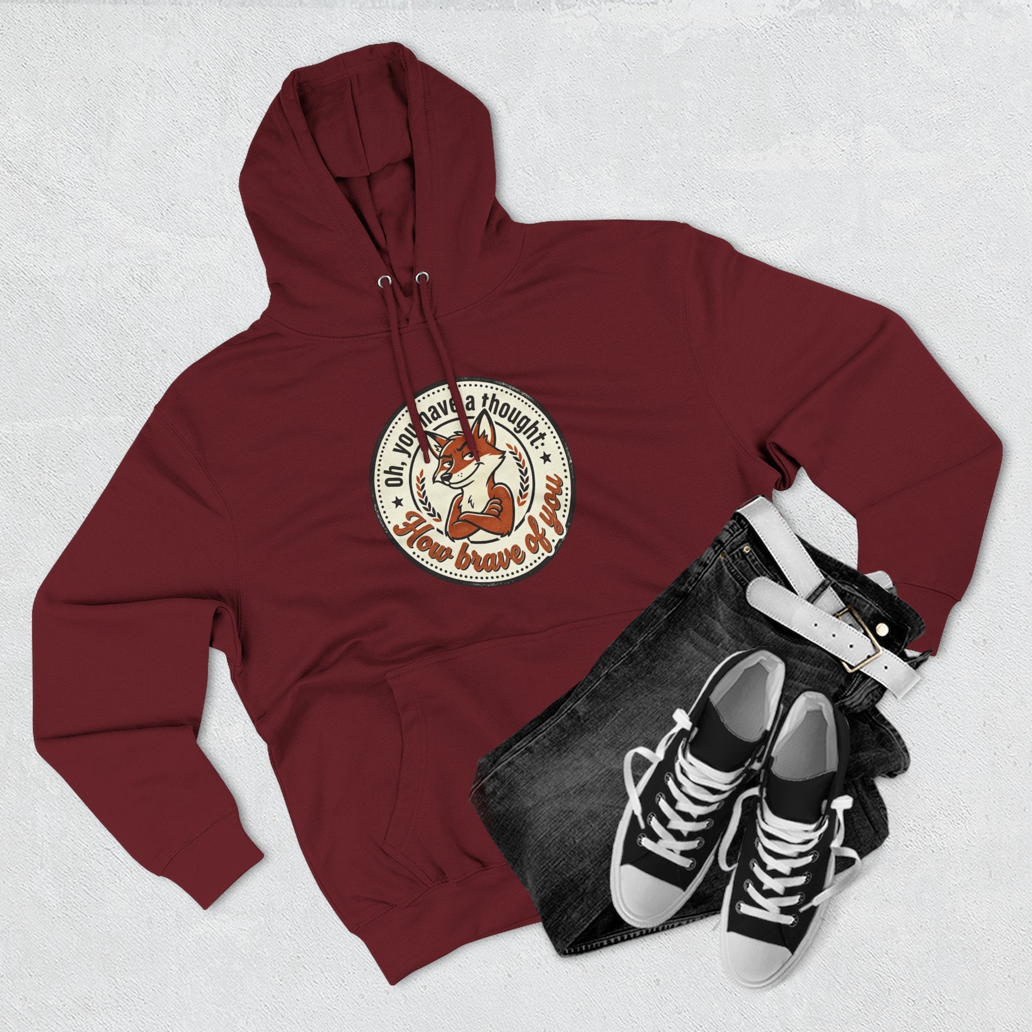 Fox Badge Hoodie — "Be Brave & Kind" Retro Emblem Fleece Hoodie
