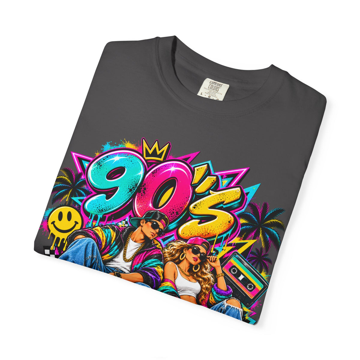 90s Retro Streetwear T-Shirt — Vintage Boombox & Neon Graffiti Design