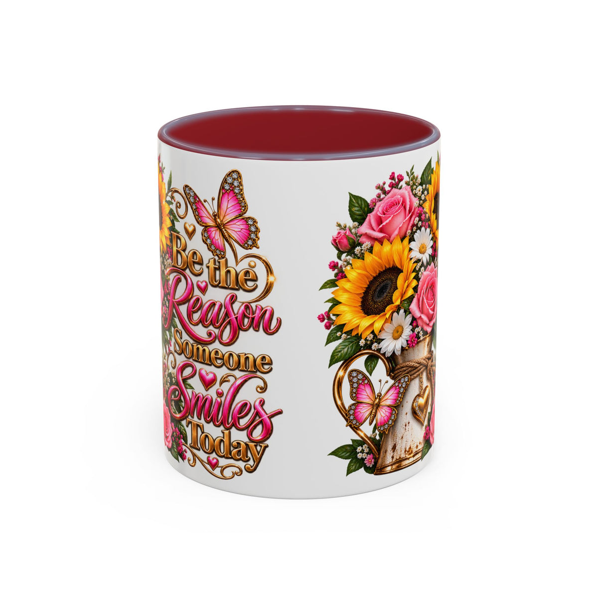 Be the Reason Someone Smiles Today Accent Coffee Mug – Floral Sunflower & Rose Inspirational 11/15oz
