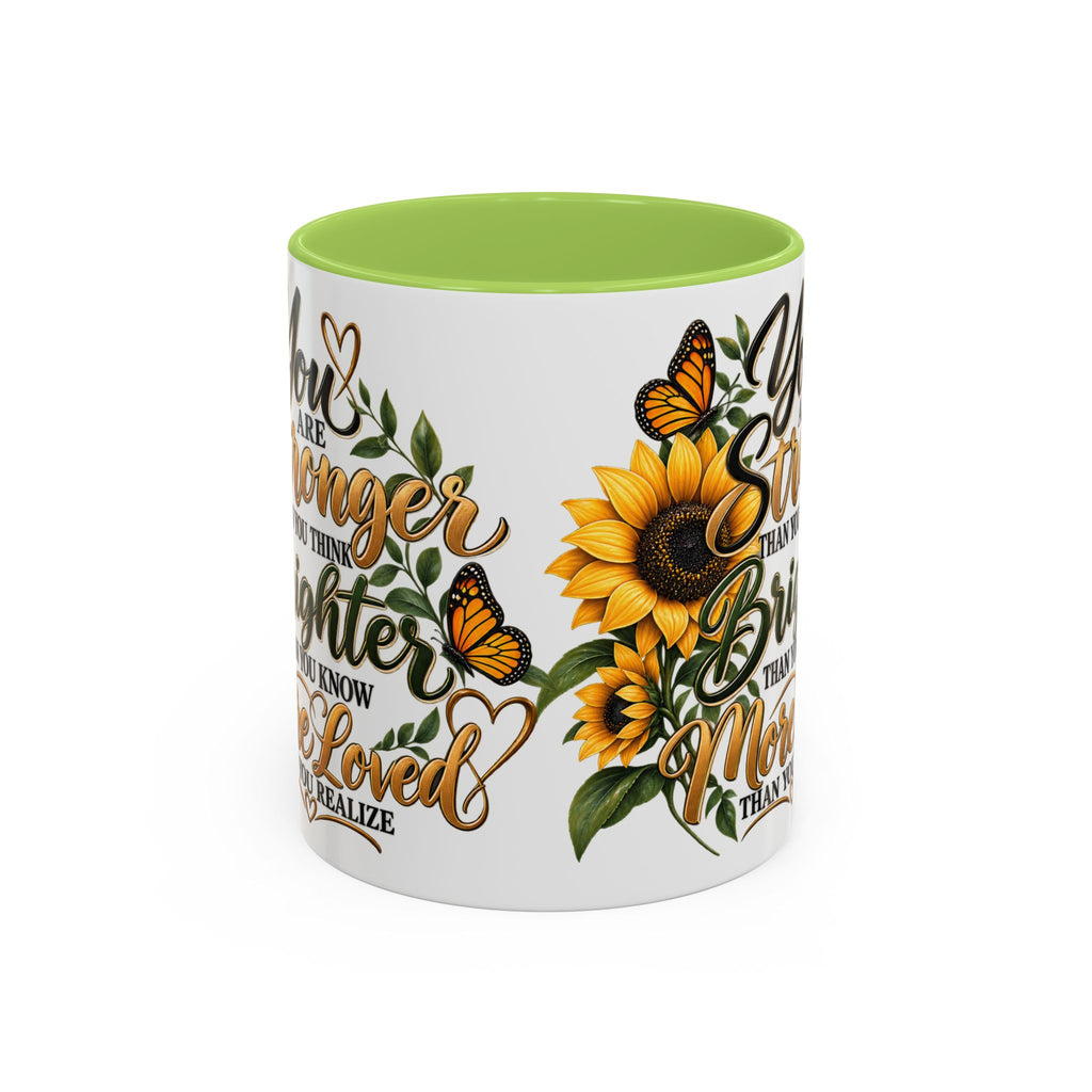 Inspirational Sunflower Coffee Mug — "You Are Stronger, Brighter, More Loved" Accent Mug