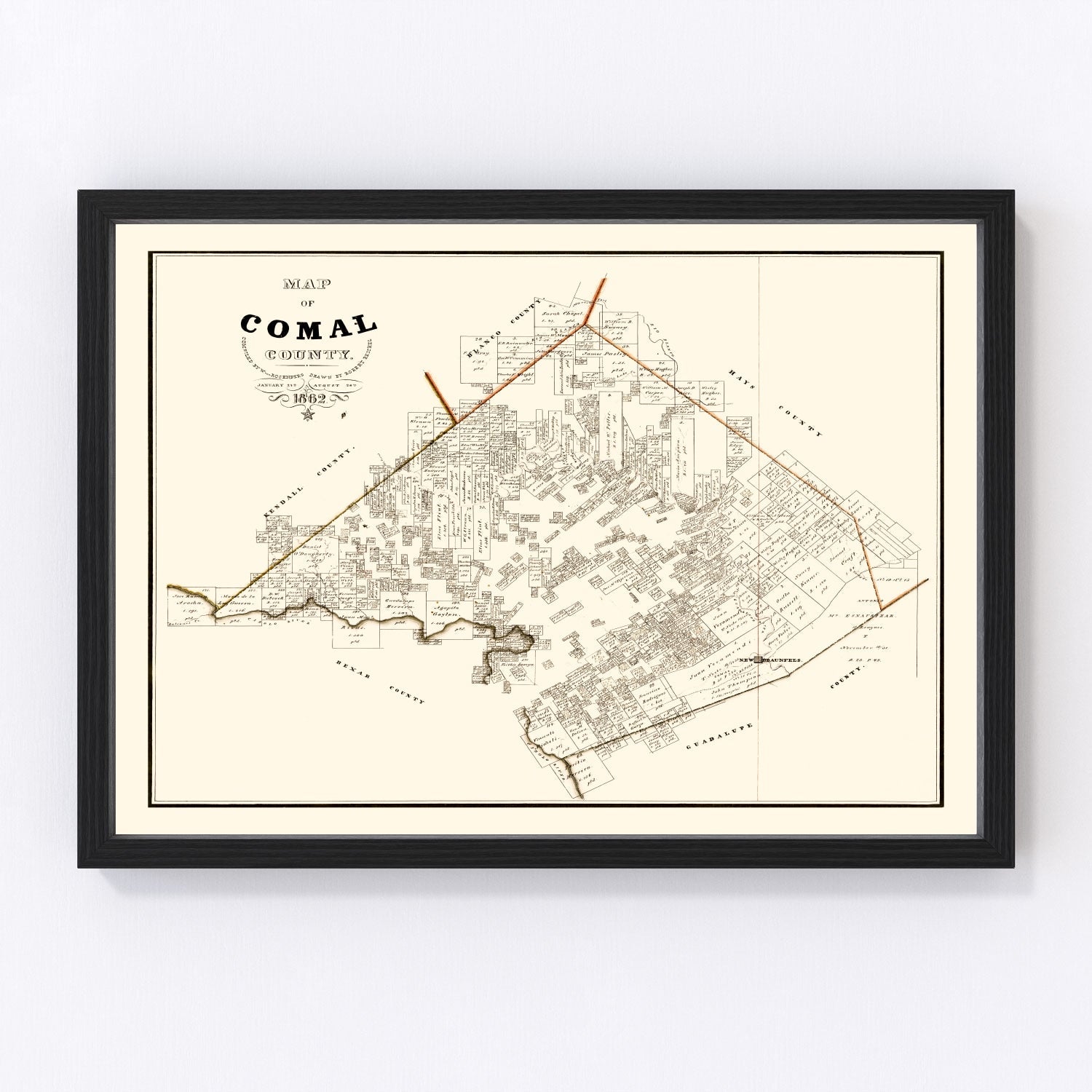 Vintage Map of Comal County, Texas 1862