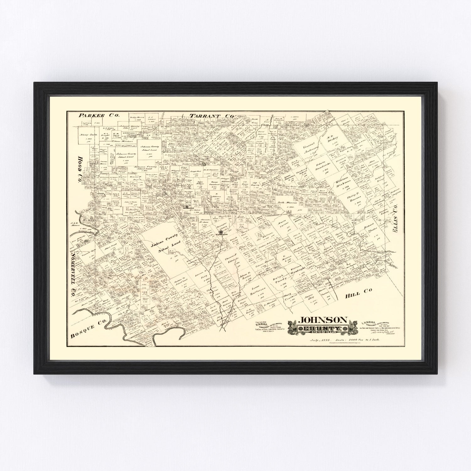 Vintage Map of Johnson County, Texas 1888