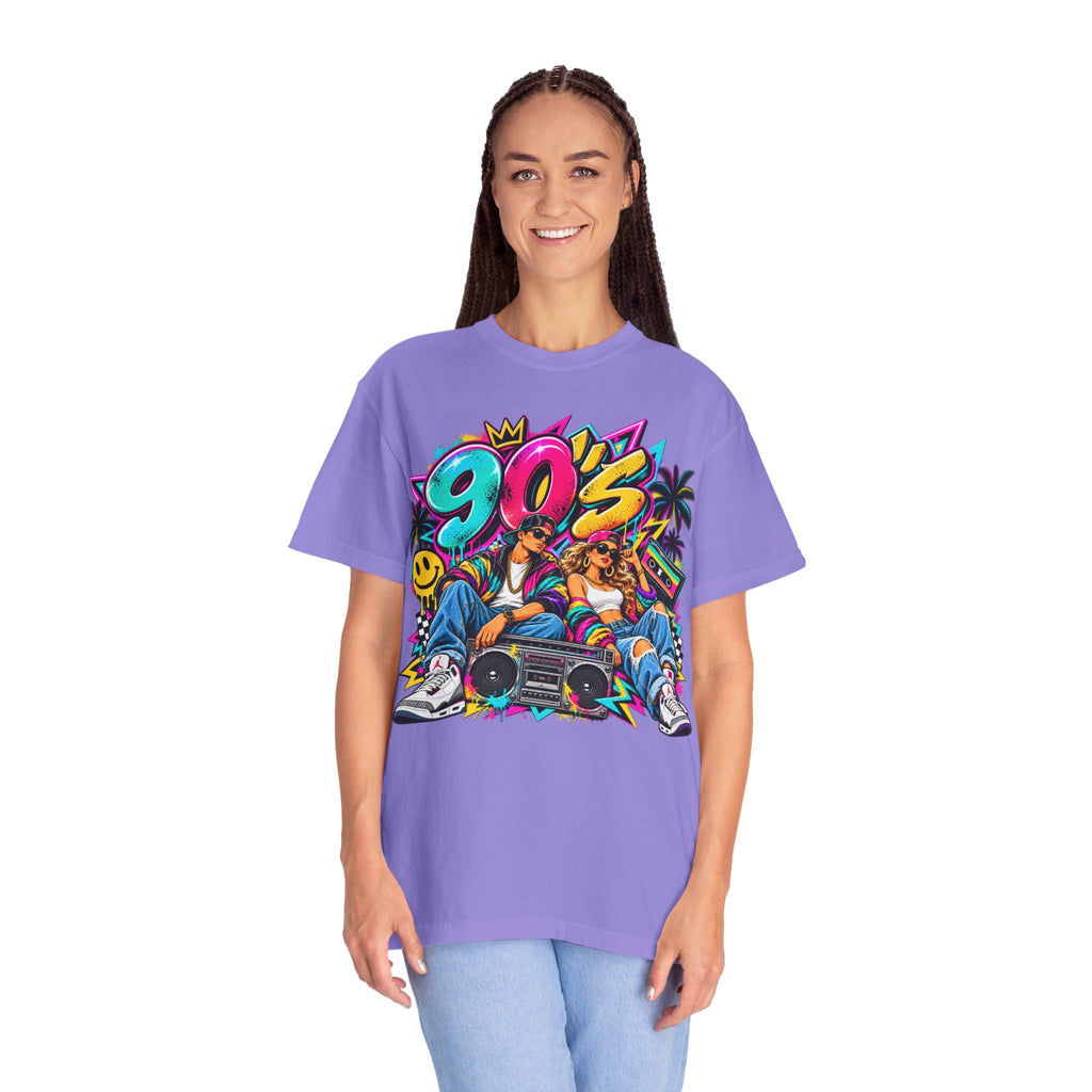 90s Retro Streetwear T-Shirt — Vintage Boombox & Neon Graffiti Design