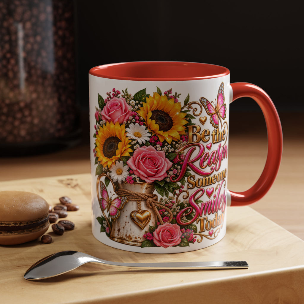 Be the Reason Someone Smiles Today Accent Coffee Mug – Floral Sunflower & Rose Inspirational 11/15oz
