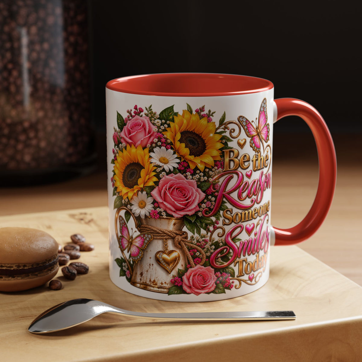Be the Reason Someone Smiles Today Accent Coffee Mug – Floral Sunflower & Rose Inspirational 11/15oz