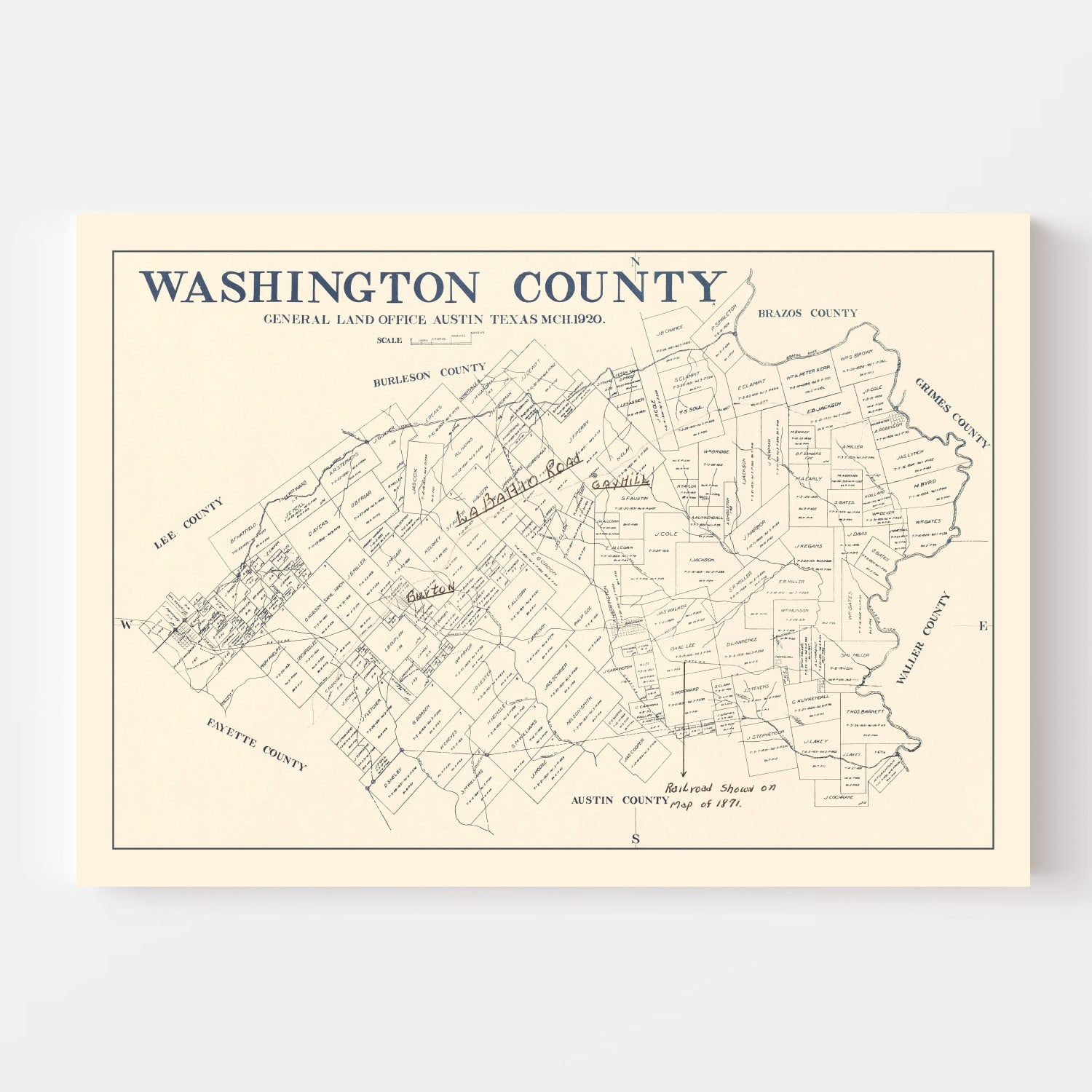 Vintage Map of Washington County, Texas 1920