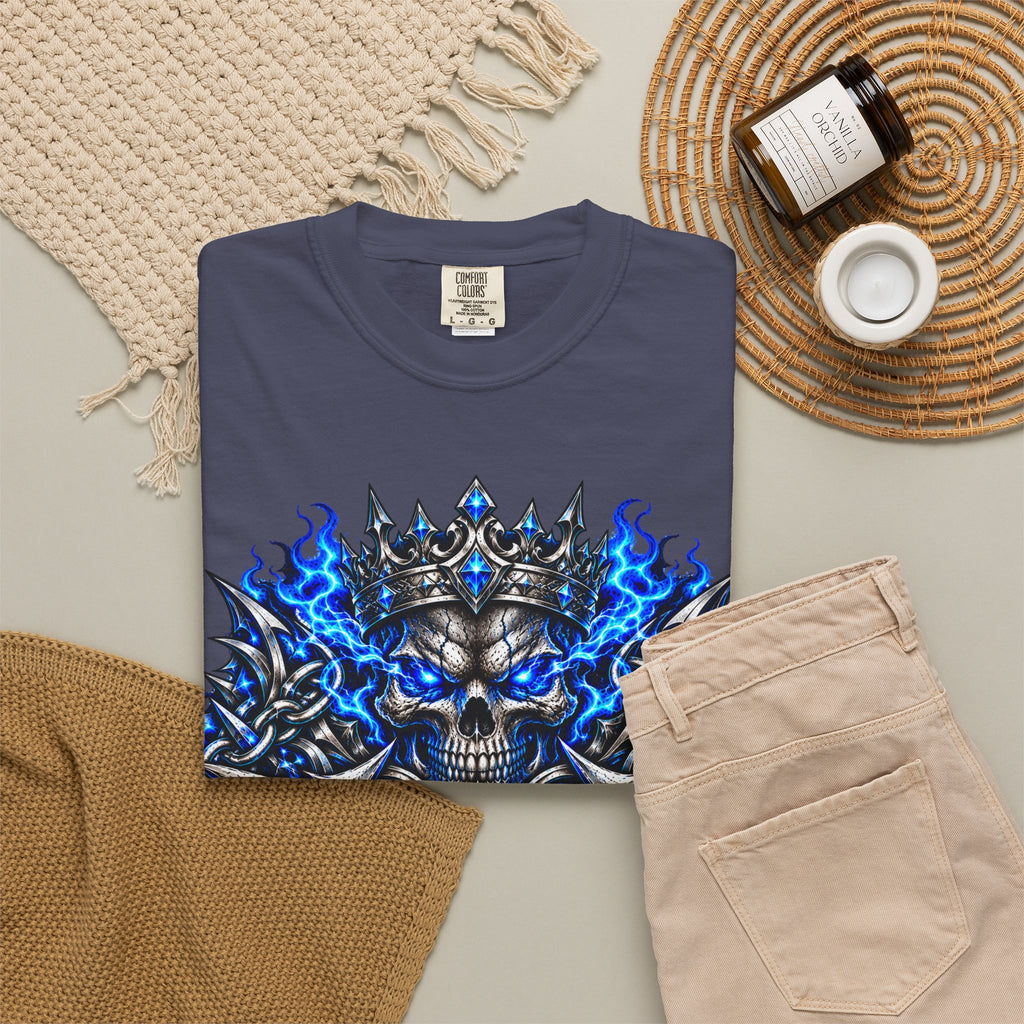 Wrath Skull Crown T‑Shirt — Blue Flame Gothic Graphic Tee