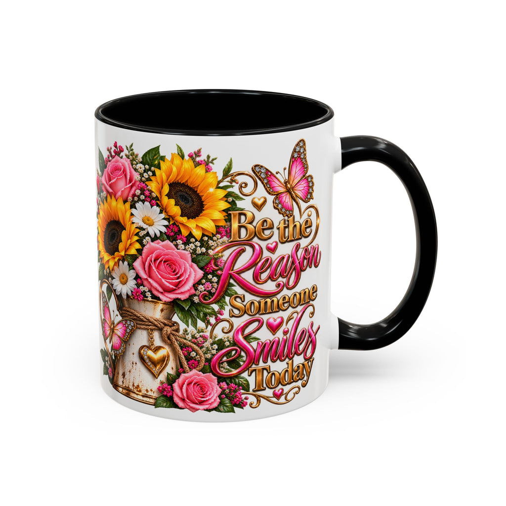 Be the Reason Someone Smiles Today Accent Coffee Mug – Floral Sunflower & Rose Inspirational 11/15oz