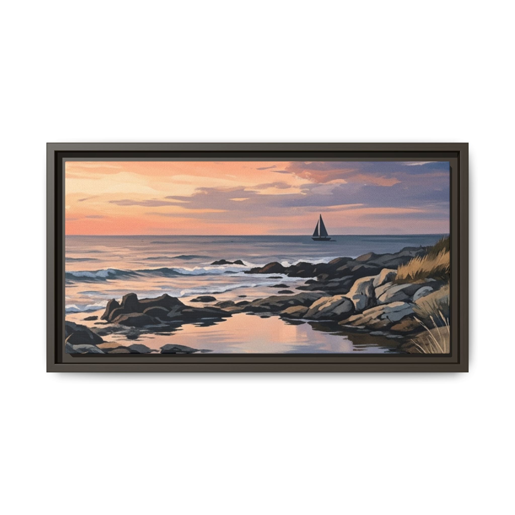Framed Seaside Sunset Matte Canvas Print – Sailboat Coastal Wall Art