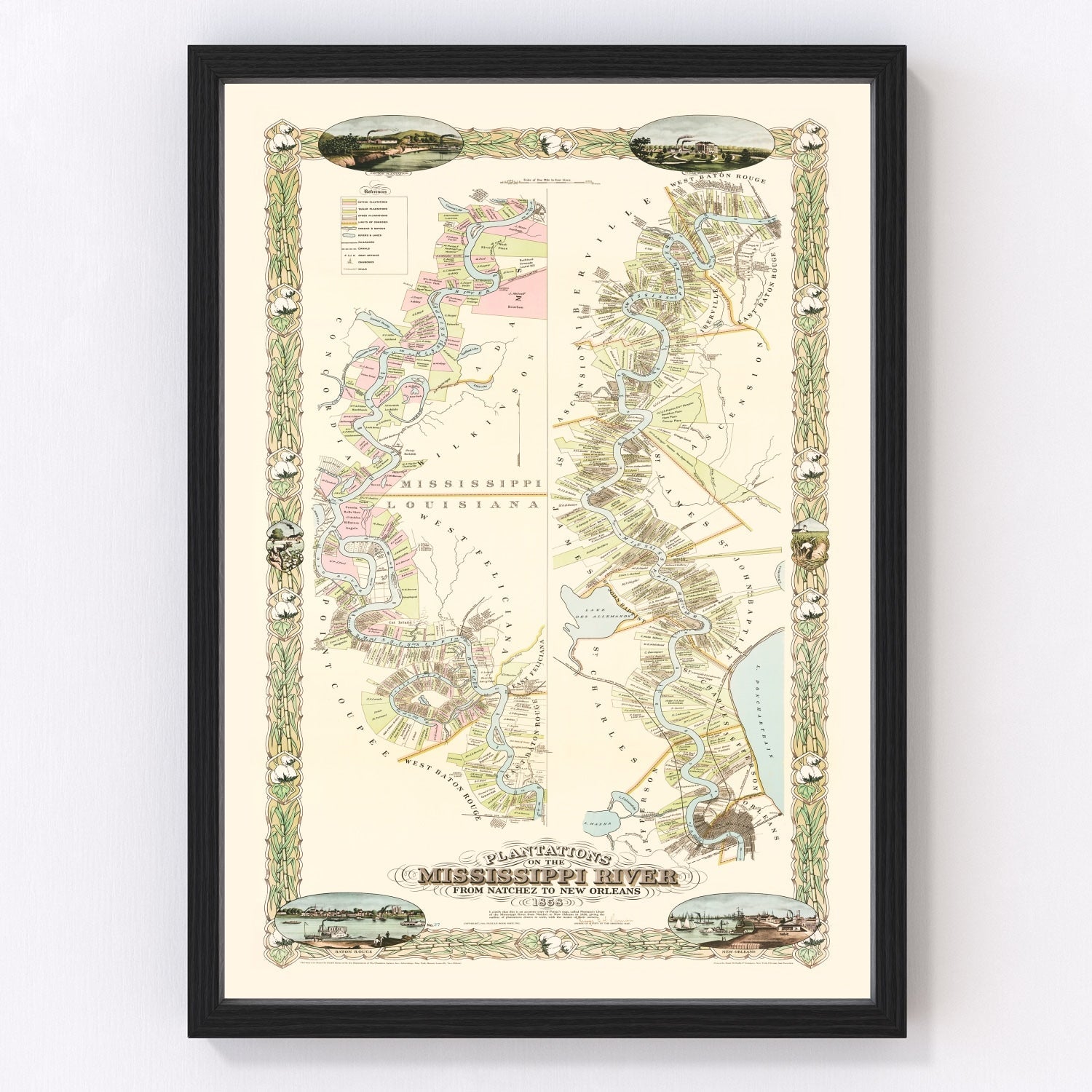 Vintage Plantations on the Mississippi River Map 1858