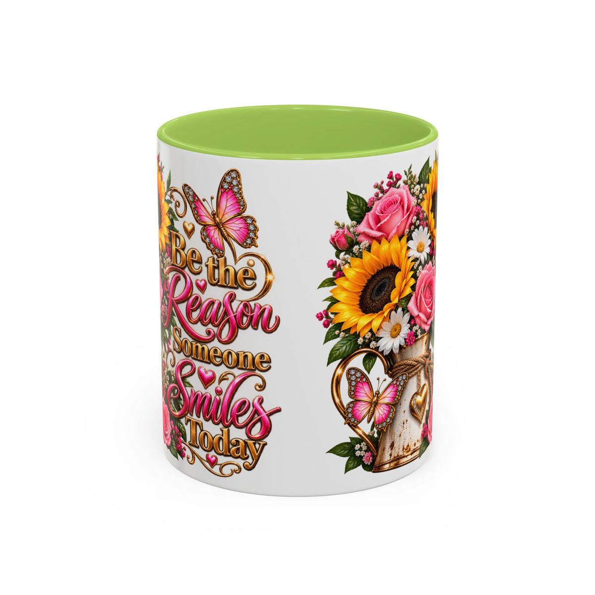 Be the Reason Someone Smiles Today Accent Coffee Mug – Floral Sunflower & Rose Inspirational 11/15oz